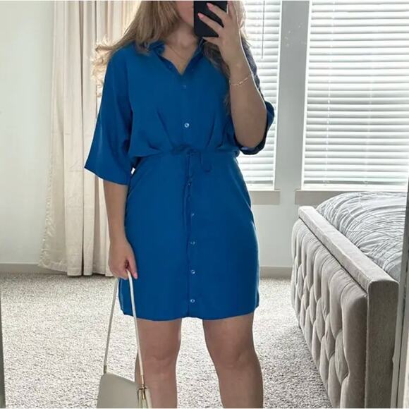Thakoon Cerulean Blue Shirt Dress Size 12 Career Blouson Tie Waist Designer $310 - Picture 7 of 13